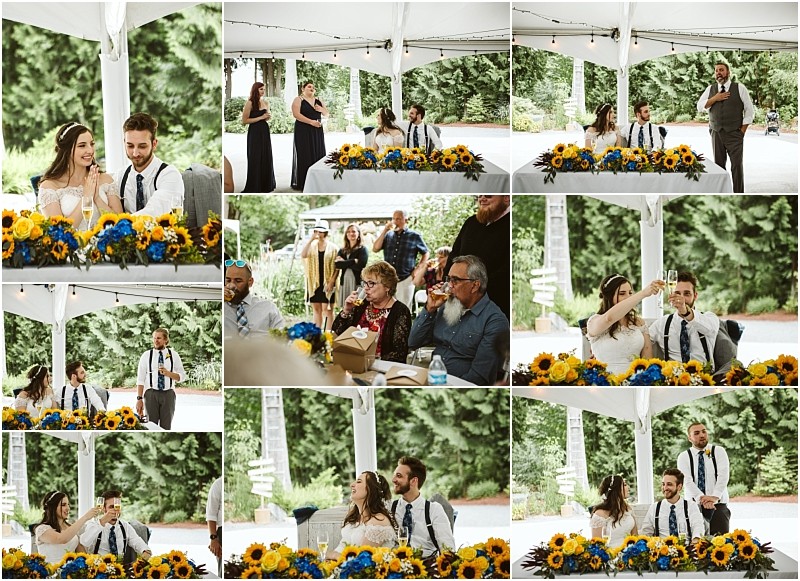 Premier snohomish & seattle wedding photographer | gsquared weddings photography a collage of snohomish wedding reception photos under a white tent features a bride and groom at a table decorated with sunflowers and blue flowers guests giving toasts and attendees enjoying the joyful celebration | serving snohomish seattle                   & beyond