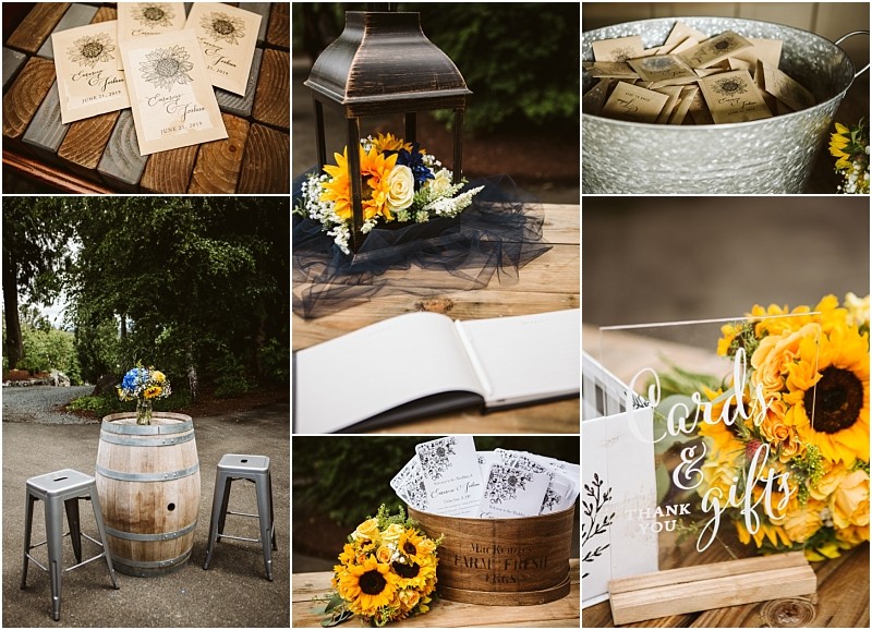 Premier snohomish & seattle wedding photographer | gsquared weddings photography collage of rustic snohomish seattle wedding decor sunflowers wooden barrels with stools a lantern centerpiece guest favor seeds a card and gift box a guestbook and a sunflower bouquet on wooden tables Perfect for your engagement | serving snohomish seattle                   & beyond