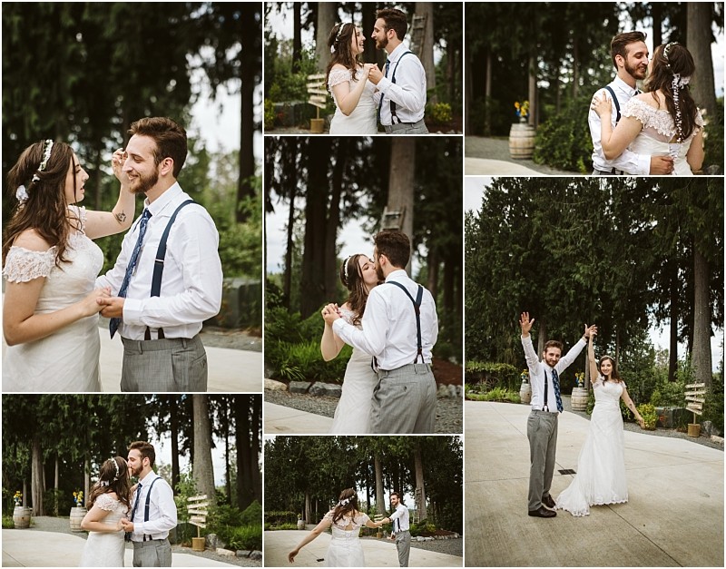 Premier snohomish & seattle wedding photographer | gsquared weddings photography a collage of a joyful bride and groom dancing embracing and celebrating outdoors among trees at their snohomish seattle wedding They wear wedding attirethe groom in suspenders the bride in a white dressradiating happiness | serving snohomish seattle                   & beyond