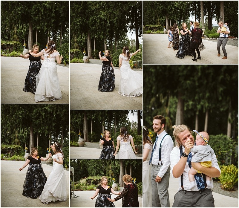 Premier snohomish & seattle wedding photographer | gsquared weddings photography a collage of snohomish outdoor wedding photos shows guests including the bride happily dancing together on a patio surrounded by trees and a man holding a baby while smiling and wiping a tear from his eye | serving snohomish seattle                   & beyond