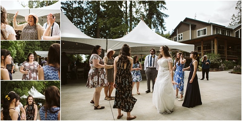 Premier snohomish & seattle wedding photographer | gsquared weddings photography a bride in a white dress dances outside with bridesmaids and guests under white tents at a joyful snohomish wedding Three smaller side photos capture guests smiling laughing and dancing during the outdoor seattle area reception Trees and a house are in the background | serving snohomish seattle                   & beyond
