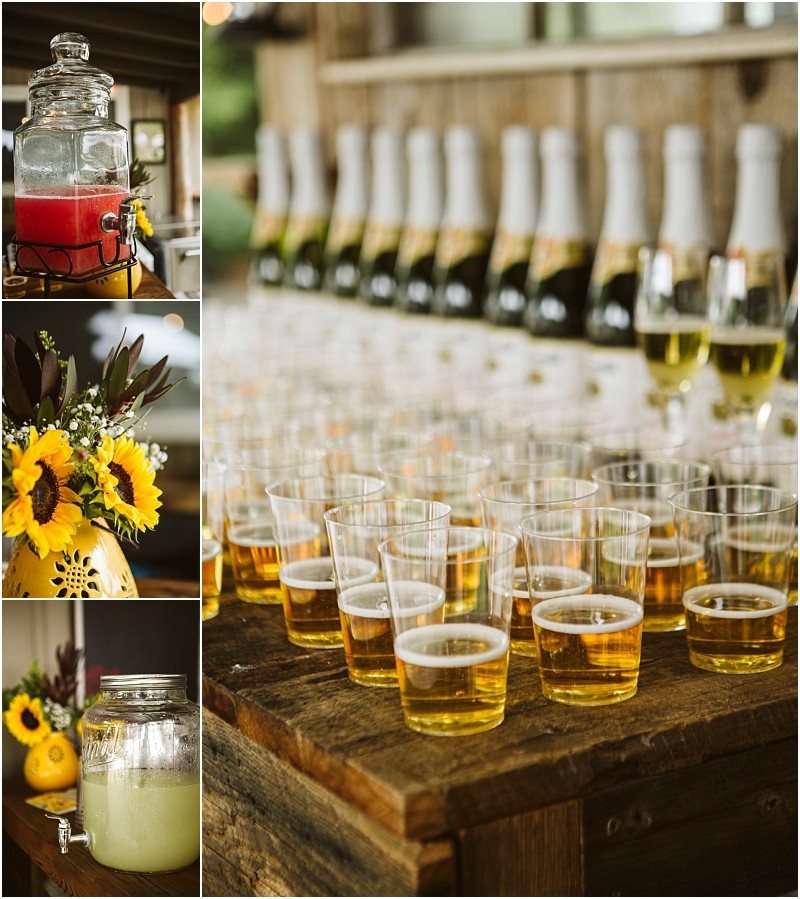 Premier snohomish & seattle wedding photographer | gsquared weddings photography collage showing a drink dispenser with red punch sunflower arrangements a dispenser with lemonade and a rustic table topped with small cups of beerperfect for a snohomish or seattle wedding engagement celebration Bottles of sparkling wine in the background | serving snohomish seattle                   & beyond