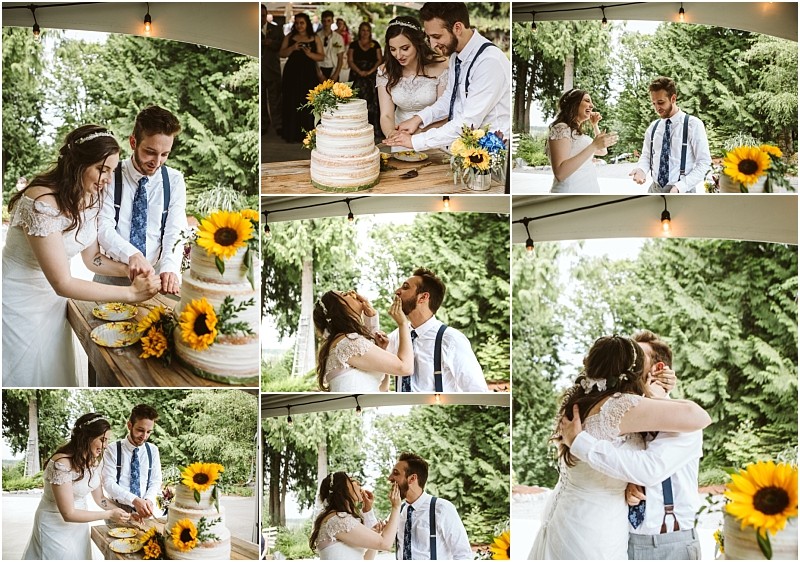 Premier snohomish & seattle wedding photographer | gsquared weddings photography a collage of snohomish wedding photos shows a bride and groom cutting and feeding each other cake laughing and embracing surrounded by sunflowers and lush green treesa joyful seattle engagement celebration | serving snohomish seattle                   & beyond