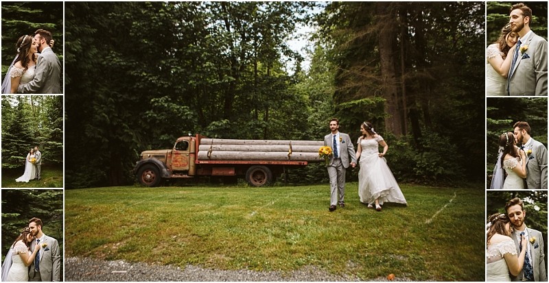 Premier snohomish & seattle wedding photographer | gsquared weddings photography a snohomish seattle wedding engagement unfolds as a bride and groom share romantic moments in a forest walking hand in hand past a vintage log truck embracing and kissing beneath lush green trees | serving snohomish seattle                   & beyond