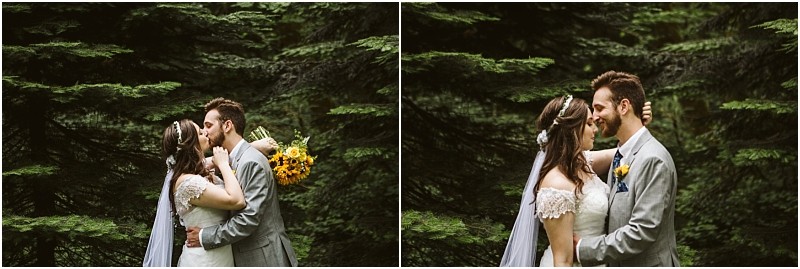 Premier snohomish & seattle wedding photographer | gsquared weddings photography a bride and groom stand in a forest near snohomish embracing and smiling at each other In one image they kiss and in the other they gaze lovingly as the bride holds a bouquet of yellow flowersperfect for a seattle wedding engagement | serving snohomish seattle                   & beyond