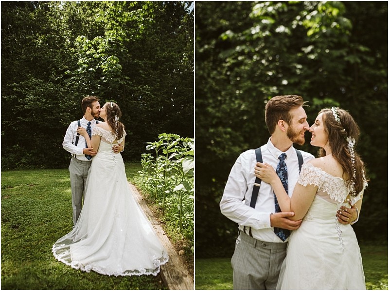 Premier snohomish & seattle wedding photographer | gsquared weddings photography two wedding photos side by side a bride and groom embrace and kiss outdoors in a sunlit green garden at their snohomish seattle wedding The bride wears a white dress the groom sports suspenders and a blue tie | serving snohomish seattle                   & beyond