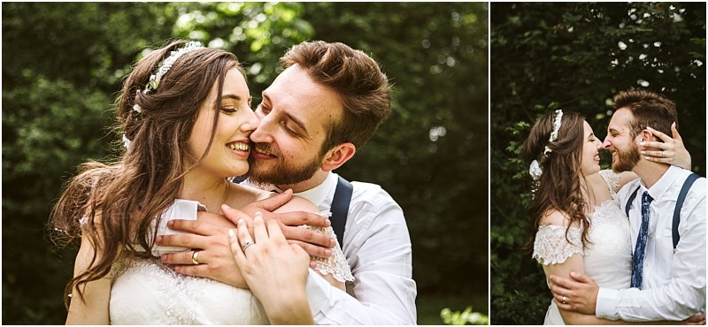 Premier snohomish & seattle wedding photographer | gsquared weddings photography a bride and groom embrace outdoors smiling joyfully at their snohomish seattle wedding The groom hugs the bride from behind in the left image on the right they look at each other lovingly surrounded by greenery | serving snohomish seattle                   & beyond