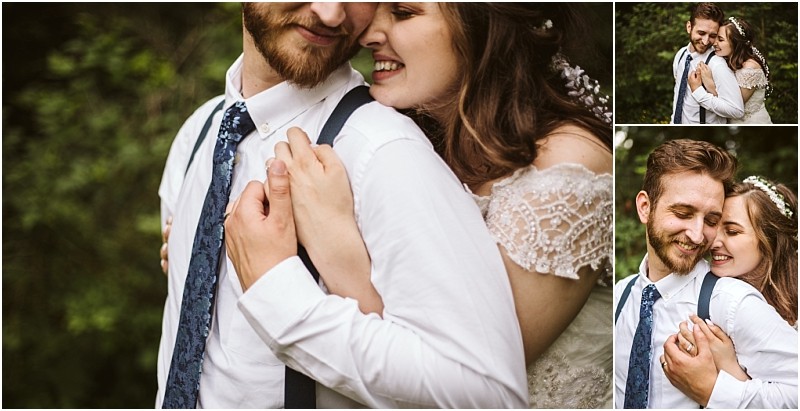 Premier snohomish & seattle wedding photographer | gsquared weddings photography a bride and groom embrace and smile joyfully outdoors in this snohomish seattle wedding moment The bride in a white dress hugs the groom from behind as they celebrate their engagement surrounded by lush greenery | serving snohomish seattle                   & beyond