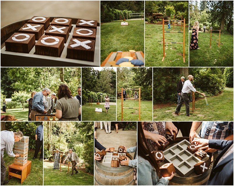 Premier snohomish & seattle wedding photographer | gsquared weddings photography a collage of outdoor lawn games at a gathering including wooden tic tac toe ladder toss jenga and people playing and interacting in a garden setting during a snohomish seattle wedding engagement | serving snohomish seattle                   & beyond