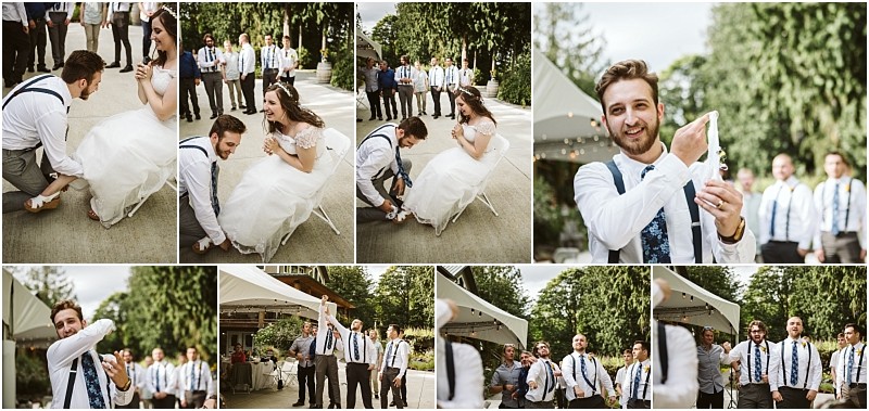 Premier snohomish & seattle wedding photographer | gsquared weddings photography a collage of snohomish wedding photos shows a groom removing a garter from the brides leg then holding it up and finally preparing to toss it to a group of men outdoors Everyone is smiling and celebrating this joyful seattle engagement tradition | serving snohomish seattle                   & beyond