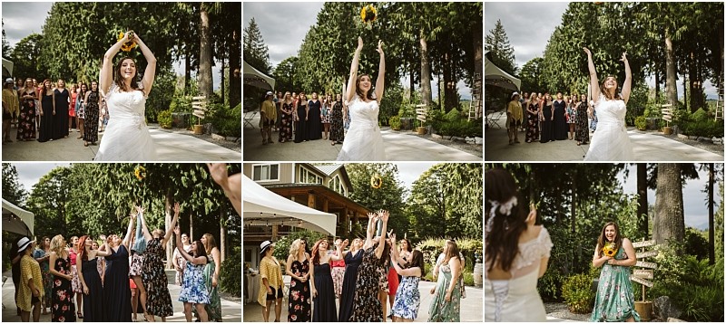 Premier snohomish & seattle wedding photographer | gsquared weddings photography a bride in a white dress tosses her bouquet at a snohomish seattle wedding the group of women outdoors reaches up to catch it and one woman stands smiling with the bouquet in hand | serving snohomish seattle                   & beyond