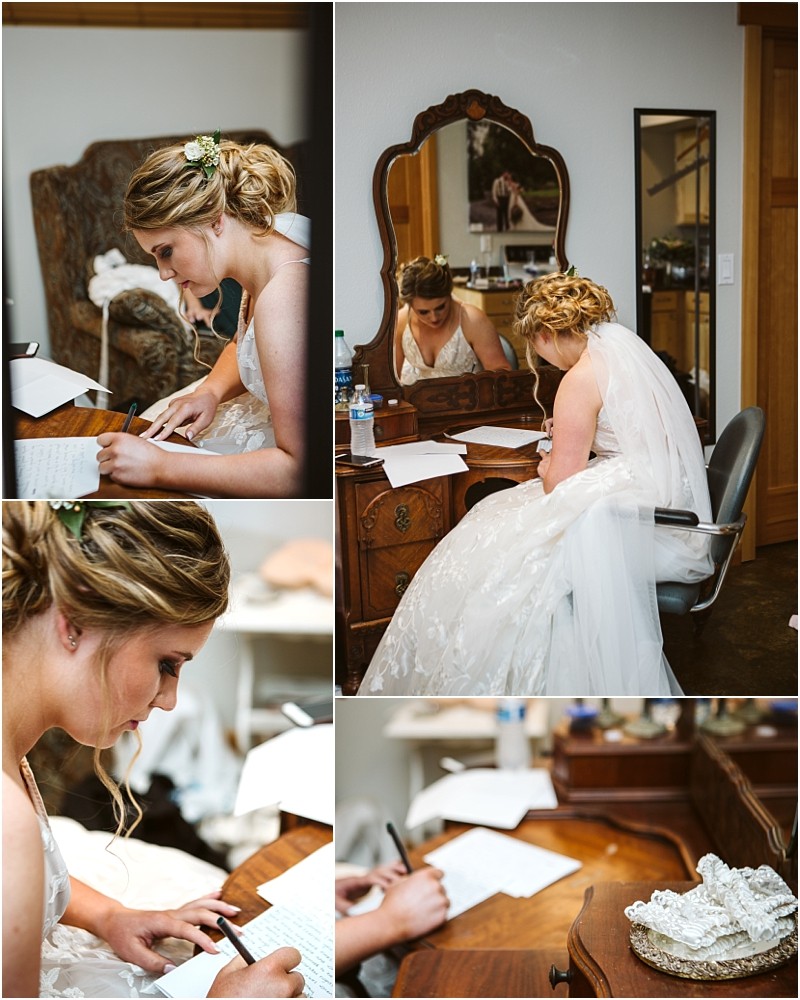 Premier snohomish & seattle wedding photographer | gsquared weddings photography a snohomish bride in a white dress sits at a vintage dressing table writing a letter Her hair is styled with greenery and wedding shoes rest on the desk Multiple angles capture her focused and thoughtful as she writes before her seattle wedding | serving snohomish seattle                   & beyond