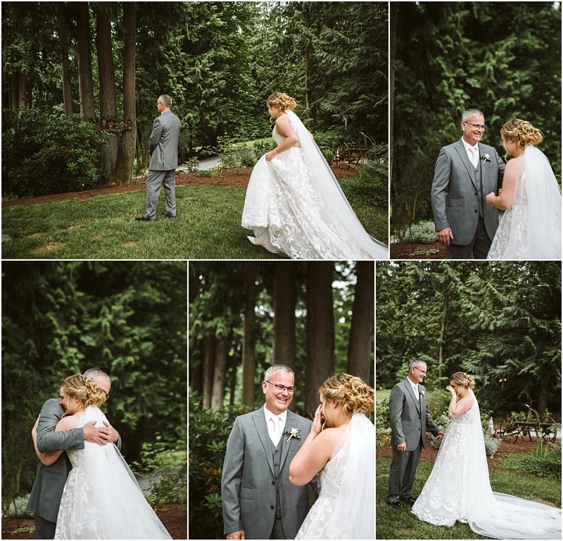 Premier snohomish & seattle wedding photographer | gsquared weddings photography a bride and her father share an emotional first look outdoors among tall trees in snohomish exchanging smiles hugs and tears before the wedding ceremony | serving snohomish seattle                   & beyond