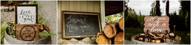 Premier snohomish & seattle wedding photographer | gsquared weddings photography three rustic wedding decorations for a snohomish seattle wedding a framed love is sweet sign a chalkboard with jordan & ross 6 21 19 and a wooden all you need is love sign each surrounded by natural and gold accents | serving snohomish seattle                   & beyond