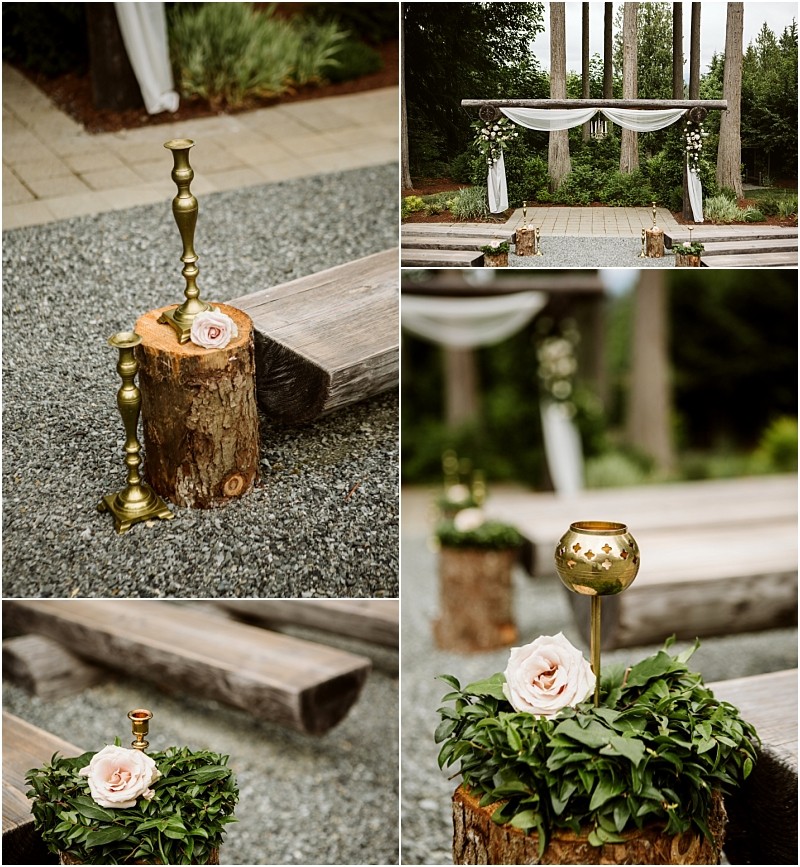 Premier snohomish & seattle wedding photographer | gsquared weddings photography a rustic snohomish outdoor wedding setup with wooden benches gold candle holders blush roses greenery and white drapery on a wooden arbor surrounded by tall treesperfect for your seattle engagement celebration | serving snohomish seattle                   & beyond