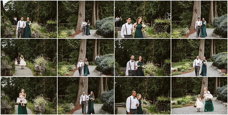 Premier snohomish & seattle wedding photographer | gsquared weddings photography a collage of snohomish outdoor wedding procession photos shows bridesmaids groomsmen and flower girls walking on a gravel path surrounded by tall trees and lush greenery in a garden setting near seattle | serving snohomish seattle                   & beyond