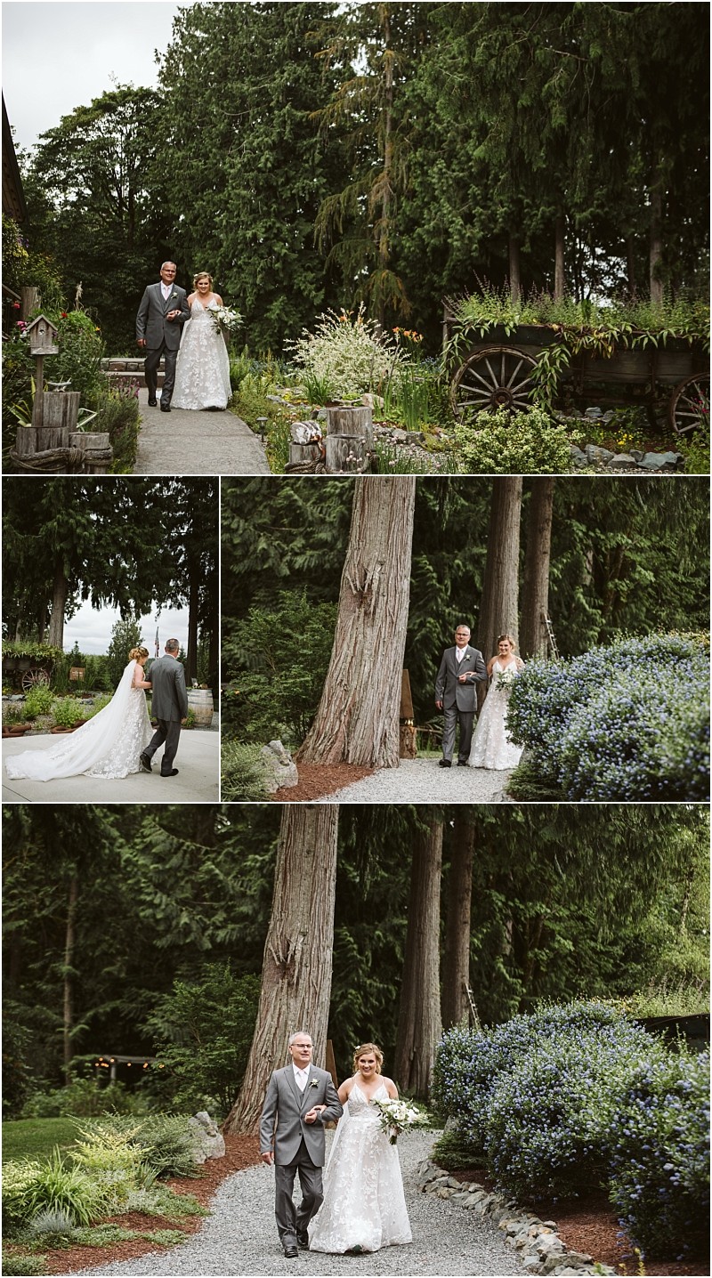 Premier snohomish & seattle wedding photographer | gsquared weddings photography a bride in a white dress walks outdoors along a garden path with an older man in a suit surrounded by trees greenery and rustic wooden elements at a charming snohomish seattle wedding | serving snohomish seattle                   & beyond