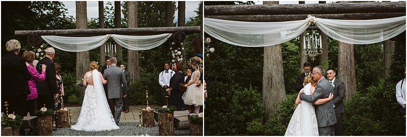 Premier snohomish & seattle wedding photographer | gsquared weddings photography a bride in a white dress walks down an outdoor aisle at a snohomish seattle wedding with an older man toward the groom guests look on and trees and white drapery decorate the ceremony area In the second image the groom hugs the man | serving snohomish seattle & beyond Premier snohomish & seattle wedding photographer | gsquared weddings photography a bride in a white dress walks down an outdoor aisle at a snohomish seattle wedding with an older man toward the groom guests look on and trees and white drapery decorate the ceremony area In the second image the groom hugs the man | serving snohomish seattle & beyond