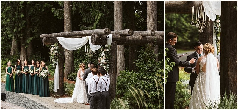 Premier snohomish & seattle wedding photographer | gsquared weddings photography a bride and groom stand under a wooden arbor decorated with white fabric and flowers exchanging vows outdoors at their snohomish seattle wedding surrounded by bridesmaids in green dresses and lush greenery | serving snohomish seattle                   & beyond