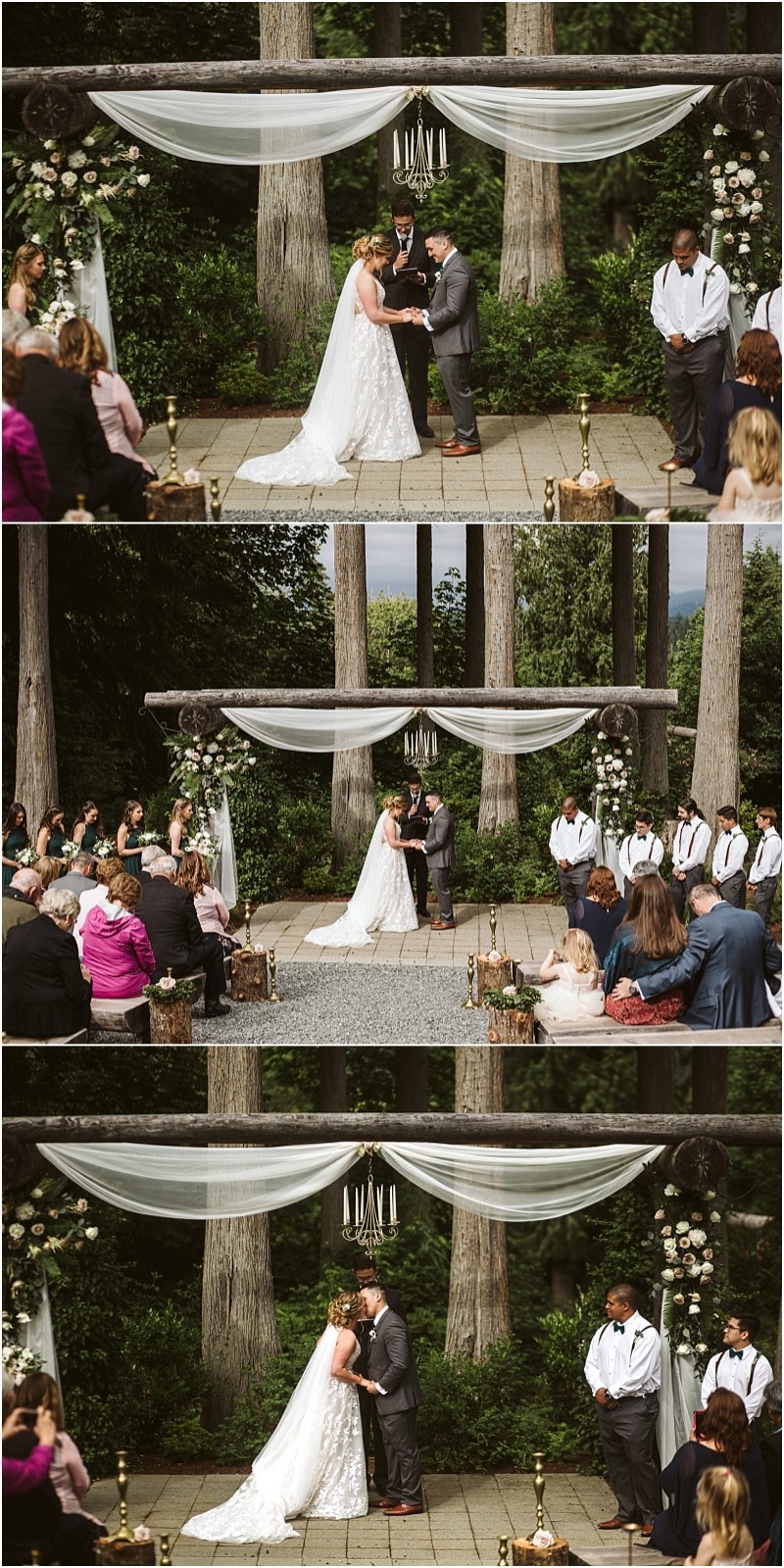 Premier snohomish & seattle wedding photographer | gsquared weddings photography three photos capture a snohomish wedding ceremony where the bride and groom stand beneath a white draped arch exchange vows and rings and share their first kiss Tall trees frame the scene as guests look on at this romantic seattle engagement | serving snohomish seattle                   & beyond
