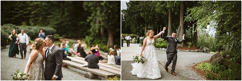 Premier snohomish & seattle wedding photographer | gsquared weddings photography two photos of a snohomish seattle wedding on the left the bride and groom kiss while guests sit on benches on the right they walk joyfully hand in hand raising their arms in celebration among the trees | serving snohomish seattle                   & beyond