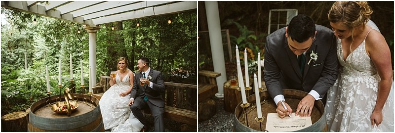 Premier snohomish & seattle wedding photographer | gsquared weddings photography a bride and groom sit on a wooden bench outdoors holding drinks at their snohomish wedding Later the groom signs a marriage certificate on a wine barrel table with the bride beside him surrounded by lush seattle greenery | serving snohomish seattle & beyond Premier snohomish & seattle wedding photographer | gsquared weddings photography a bride and groom sit on a wooden bench outdoors holding drinks at their snohomish wedding Later the groom signs a marriage certificate on a wine barrel table with the bride beside him surrounded by lush seattle greenery | serving snohomish seattle & beyond