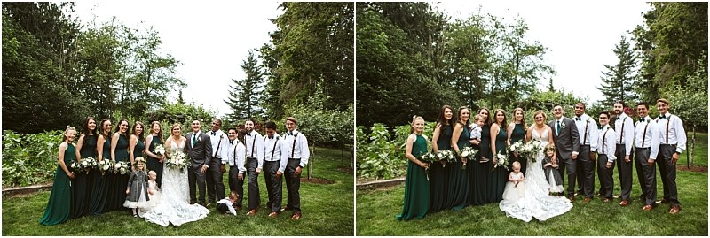 Premier snohomish & seattle wedding photographer | gsquared weddings photography two group photos of a snohomish wedding party posing outdoors on green grass surrounded by trees The bride and groom stand in the center flanked by bridesmaids in green dresses and groomsmen in white shirts with suspenders | serving snohomish seattle                   & beyond