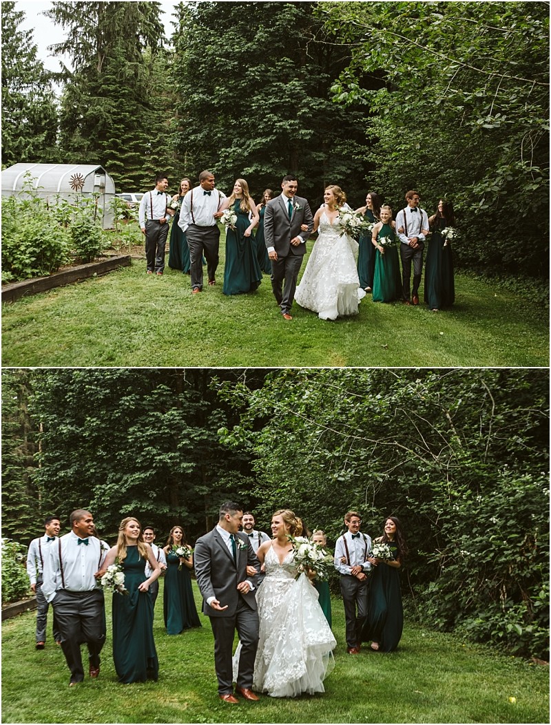Premier snohomish & seattle wedding photographer | gsquared weddings photography a bride and groom walk outdoors with their wedding party all smiling and dressed formally surrounded by lush green trees and grassa perfect snohomish seattle wedding scene Bridesmaids wear dark green dresses groomsmen wear white shirts with suspenders | serving snohomish seattle                   & beyond