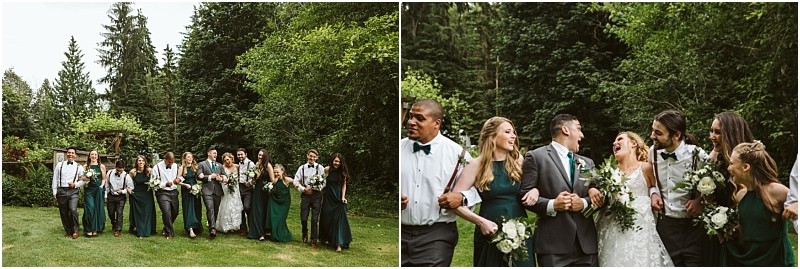 Premier snohomish & seattle wedding photographer | gsquared weddings photography two photos of a snohomish wedding party outdoors with bridesmaids in dark green dresses and groomsmen in suits all smiling and walking together on a grassy lawn surrounded by tall trees and greenery near seattle | serving snohomish seattle                   & beyond