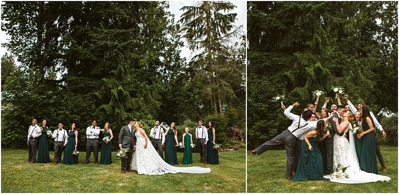 Premier snohomish & seattle wedding photographer | gsquared weddings photography two photos of a snohomish wedding party outdoors one captures the bride and groom kissing with their bridesmaids and groomsmen posing the other shows everyone laughing and making silly faces under tall trees | serving snohomish seattle                   & beyond