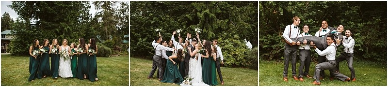 Premier snohomish & seattle wedding photographer | gsquared weddings photography three photos from a snohomish seattle wedding bridesmaids in dark green dresses with the bride the group cheering with flowers and groomsmen in gray pants lifting one of their own all set amid lush greenery | serving snohomish seattle & beyond Premier snohomish & seattle wedding photographer | gsquared weddings photography three photos from a snohomish seattle wedding bridesmaids in dark green dresses with the bride the group cheering with flowers and groomsmen in gray pants lifting one of their own all set amid lush greenery | serving snohomish seattle & beyond