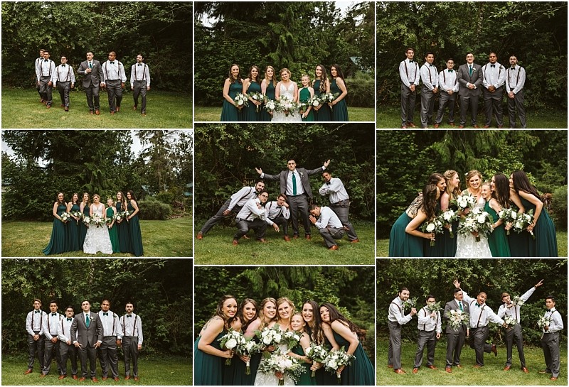 Premier snohomish & seattle wedding photographer | gsquared weddings photography a collage of snohomish wedding party photos outdoors shows bridesmaids in green dresses groomsmen in gray suits with suspenders and the joyful bride and groom posing together in a lush wooded setting near seattle | serving snohomish seattle                   & beyond