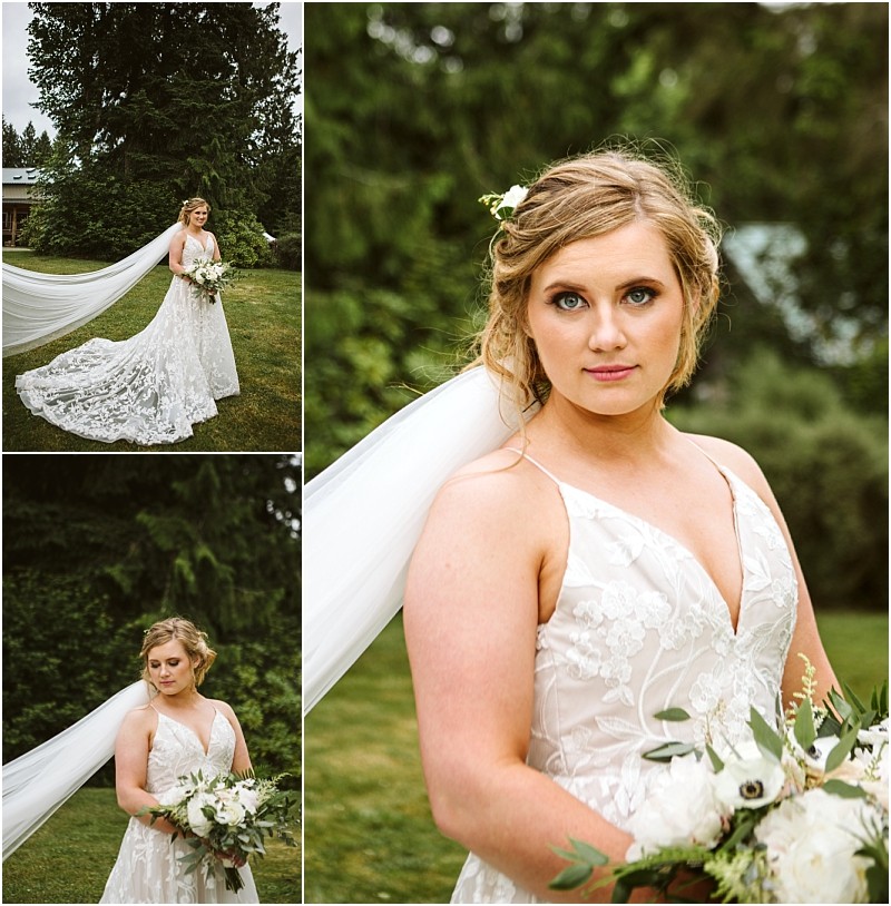 Premier snohomish & seattle wedding photographer | gsquared weddings photography a bride in a lace wedding dress poses outdoors for her snohomish wedding holding a white floral bouquet Her long veil flows behind as she stands on green grass surrounded by treesa perfect seattle engagement moment | serving snohomish seattle                   & beyond