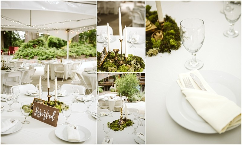 Premier snohomish & seattle wedding photographer | gsquared weddings photography collage of elegant outdoor snohomish wedding table settings with white linens folded napkins cutlery glassware moss centerpieces and candlesticks plus a rustic reserved sign String lights sparkle overhead for a romantic seattle engagement atmosphere | serving snohomish seattle                   & beyond