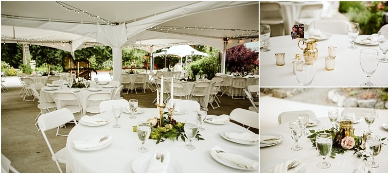 Premier snohomish & seattle wedding photographer | gsquared weddings photography a beautiful snohomish wedding reception setup under a white tent features round tables with white tablecloths white chairs glassware napkins and elegant gold and floral centerpieces String lights illuminate this dreamy seattle engagement celebration | serving snohomish seattle                   & beyond