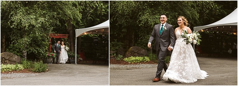 Premier snohomish & seattle wedding photographer | gsquared weddings photography a bride and groom walk hand in hand outdoors smiling joyfully at their snohomish wedding They are dressed in wedding attire surrounded by lush greenery and trees with a white tent visible in the background | serving snohomish seattle & beyond Premier snohomish & seattle wedding photographer | gsquared weddings photography a bride and groom walk hand in hand outdoors smiling joyfully at their snohomish wedding They are dressed in wedding attire surrounded by lush greenery and trees with a white tent visible in the background | serving snohomish seattle & beyond