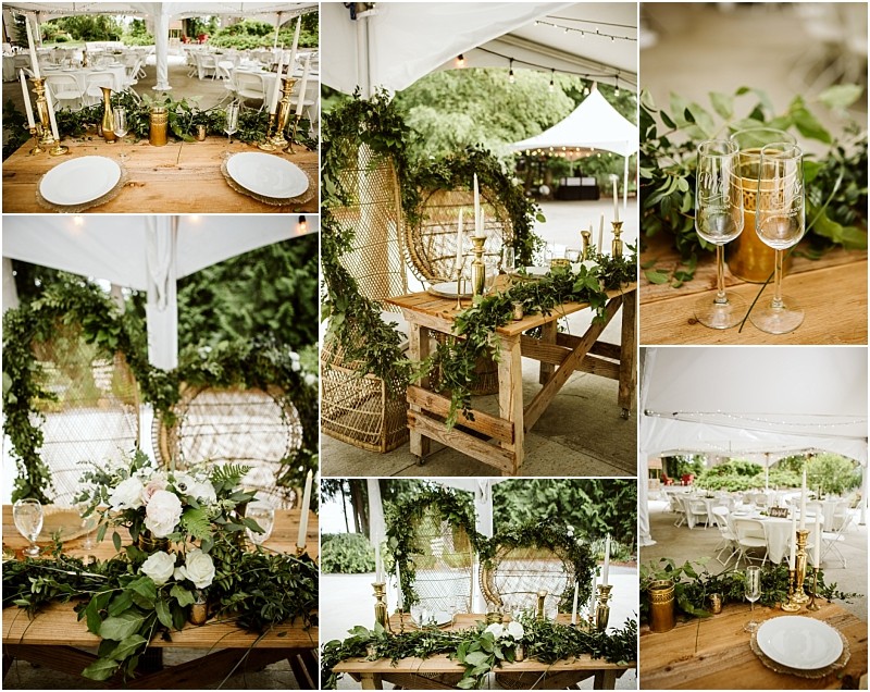 Premier snohomish & seattle wedding photographer | gsquared weddings photography a collage of snohomish seattle wedding reception decor featuring rustic wooden tables lush greenery floral arrangements gold accents elegant place settings champagne flutes and white chairs set under a tented outdoor venue | serving snohomish seattle                   & beyond