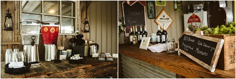 Premier snohomish & seattle wedding photographer | gsquared weddings photography a rustic drink station perfect for a snohomish seattle wedding featuring glass dispensers of lemonade and tea cups wine bottles and a wooden wine box on a wooden counter with charming décor and chalkboard signs | serving snohomish seattle                   & beyond