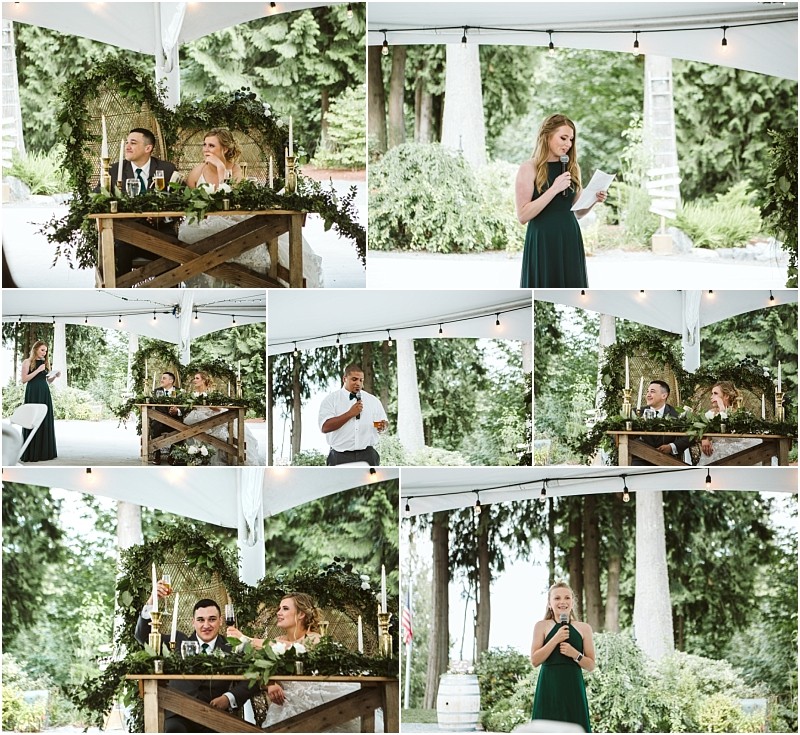 Premier snohomish & seattle wedding photographer | gsquared weddings photography a collage of outdoor snohomish wedding reception photos shows a couple seated at a decorated table and guests giving speeches under a tent surrounded by greenery and trees | serving snohomish seattle                   & beyond