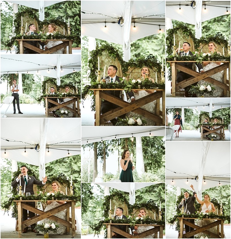 Premier snohomish & seattle wedding photographer | gsquared weddings photography a collage of snohomish wedding reception photos shows a bride and groom at a decorated sweetheart table laughing listening to speeches and celebrating under a white tent with greenery accents and natural light | serving snohomish seattle                   & beyond