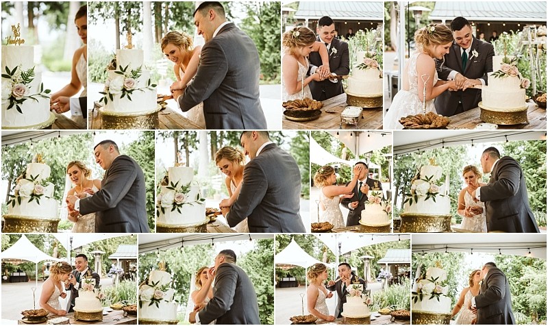 Premier snohomish & seattle wedding photographer | gsquared weddings photography a collage of snohomish wedding photos shows a bride and groom laughing and cutting their white floral cake outdoors then playfully feeding and smearing cake on each others faces surrounded by greenery and guests near seattle | serving snohomish seattle                   & beyond