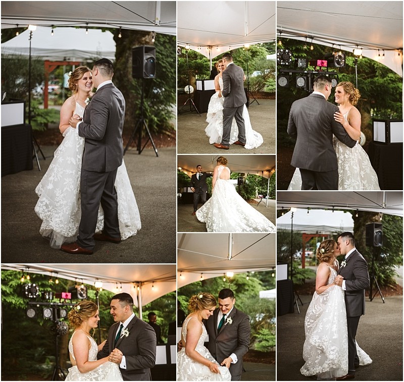 Premier snohomish & seattle wedding photographer | gsquared weddings photography a collage of snohomish wedding photos shows a bride and groom dancing together under a tent They smile embrace and spin surrounded by greenery and string lights creating a joyful and romantic atmosphere near seattle | serving snohomish seattle                   & beyond