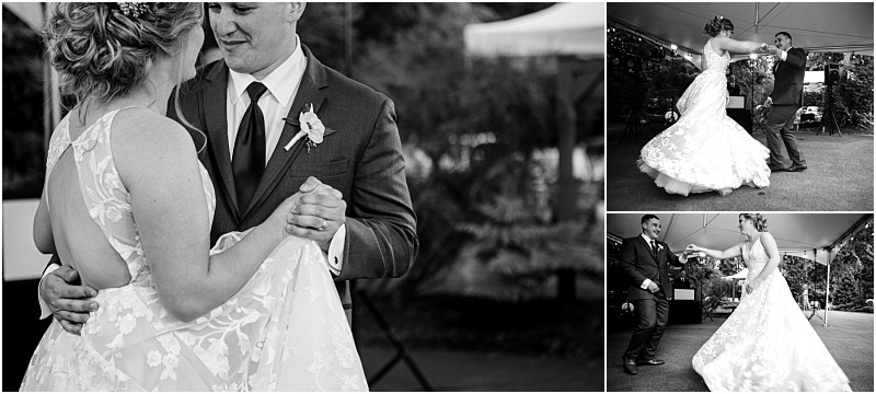 Premier snohomish & seattle wedding photographer | gsquared weddings photography a collage of black and white photos shows a snohomish bride and groom dancing at their wedding holding hands smiling and twirling together under a tented outdoor venue near seattle | serving snohomish seattle                   & beyond
