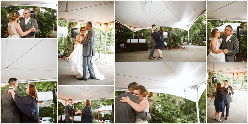 Premier snohomish & seattle wedding photographer | gsquared weddings photography a collage of snohomish wedding photos shows a bride and groom dancing exchanging vows and sharing moments with family under a white tent outdoors surrounded by greenery near seattle | serving snohomish seattle                   & beyond