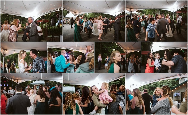Premier snohomish & seattle wedding photographer | gsquared weddings photography a collage of candid moments at a snohomish outdoor wedding reception shows guests dancing laughing talking and holding children under a white tent with string lights The atmosphere appears joyful and festive | serving snohomish seattle                   & beyond