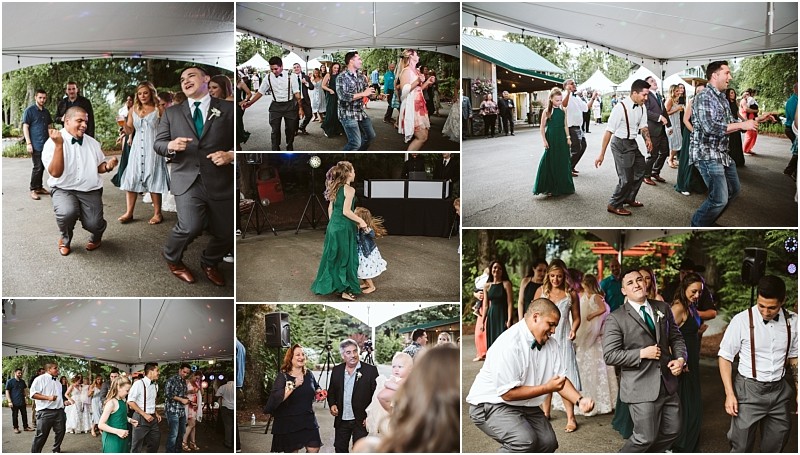 Premier snohomish & seattle wedding photographer | gsquared weddings photography a collage of snohomish wedding reception photos shows guests of various ages dancing and celebrating outdoors under a tent enjoying the festivities in formal and semi formal attire | serving snohomish seattle                   & beyond