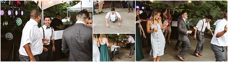 Premier snohomish & seattle wedding photographer | gsquared weddings photography a collage of people dancing and having fun at an outdoor snohomish wedding including a man in suspenders breakdancing guests in formal and semi formal attire and lively expressions under a tent with dj lights | serving snohomish seattle                   & beyond