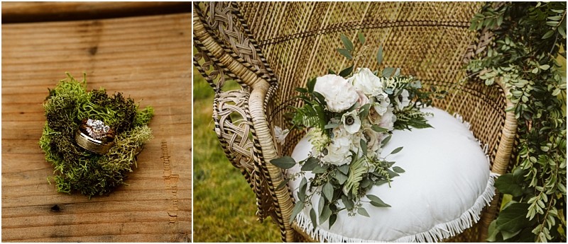 Premier snohomish & seattle wedding photographer | gsquared weddings photography a pair of wedding rings rest on a bed of green moss on wood next to an ornate wicker chair with a white cushion holding a white and green flower bouquetperfect for a snohomish or seattle wedding engagement | serving snohomish seattle                   & beyond