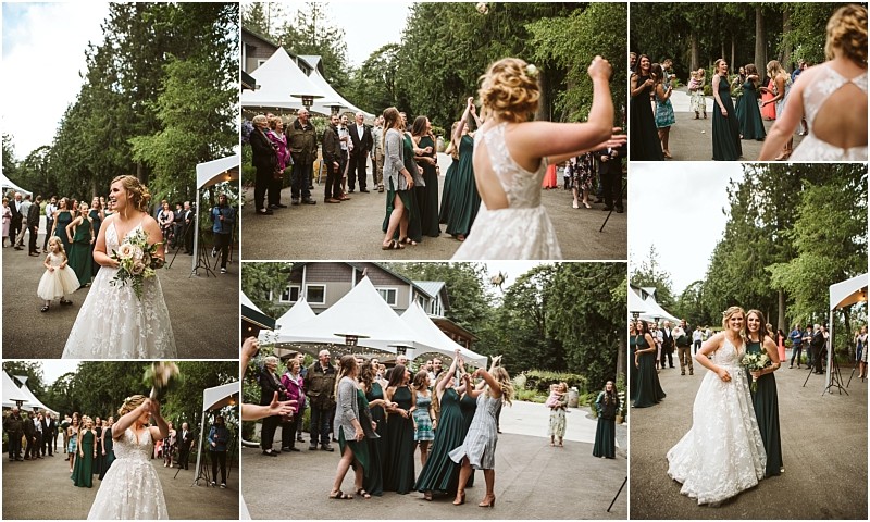 Premier snohomish & seattle wedding photographer | gsquared weddings photography a collage of snohomish outdoor wedding photos shows a bride tossing her bouquet to eagerly waiting guests with friends and family looking on and white tents nestled in a wooded backdropperfect inspiration for your seattle engagement | serving snohomish seattle                   & beyond