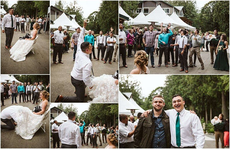Premier snohomish & seattle wedding photographer | gsquared weddings photography a collage of snohomish wedding photos shows a groom removing a garter from the bride tossing it to a group of men and celebrating with friends outdoors near tents and trees Guests smile and laugh enjoying the festivities | serving snohomish seattle                   & beyond